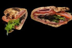 Allergens : Wheat, Milk Hot, Fresh made when you order, Sourdough Panuozzo {The Bread} with Ham Pepperoni Genoa Salami Capicola Provolone Cheese Sliced Mild Banana Peppers Lettuce and a drizzle of Balsamic Vinaigrette